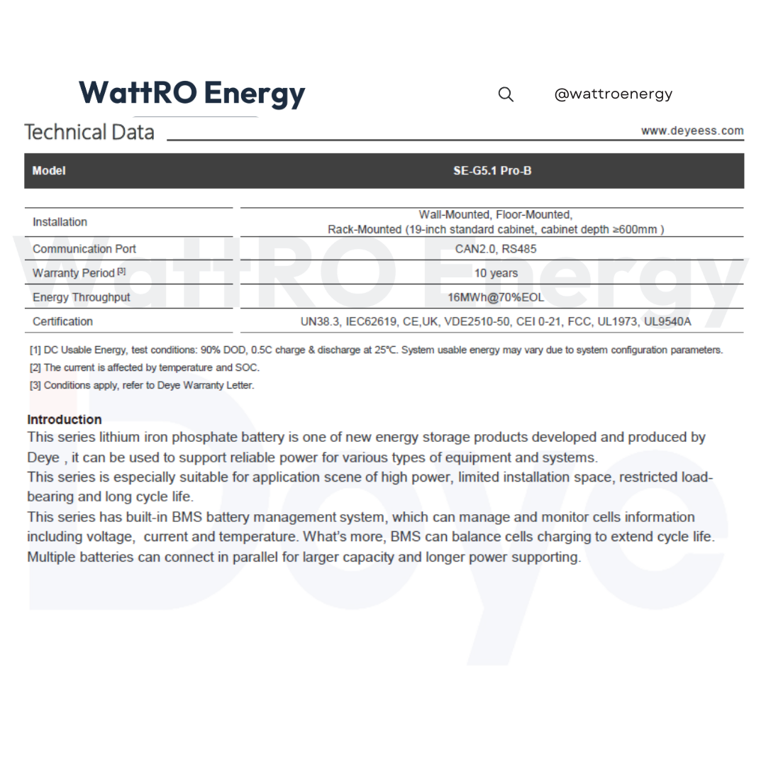 Acumulator Deye SE-G5.1 Pro-B 5.12 kWh Low Voltage fisa tehnica wattroenergy.ro importator distribuitor invertoare deye